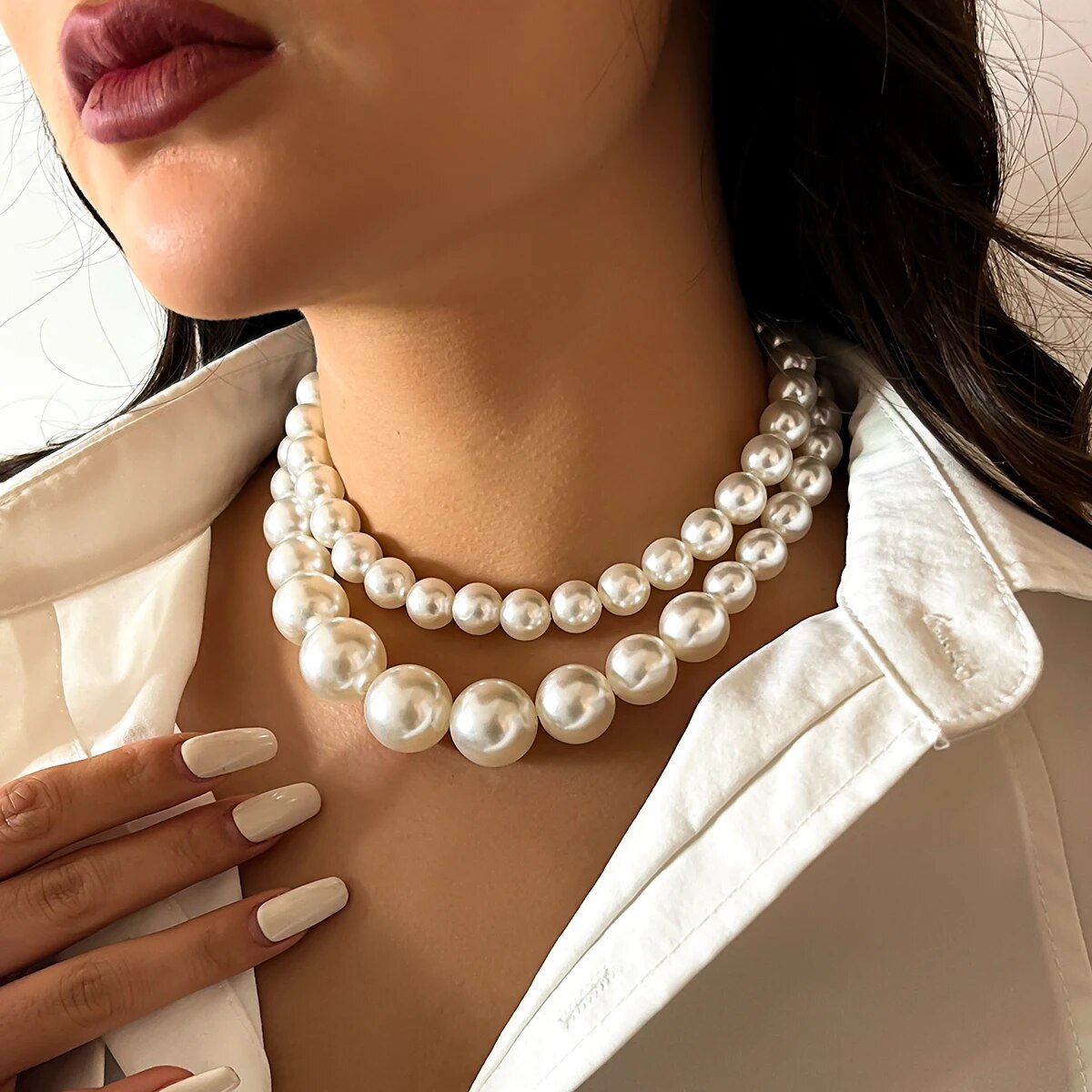 2Pcs/Set Exaggerated Big Imita - Pearl Choker Necklace Vintage recension och pris