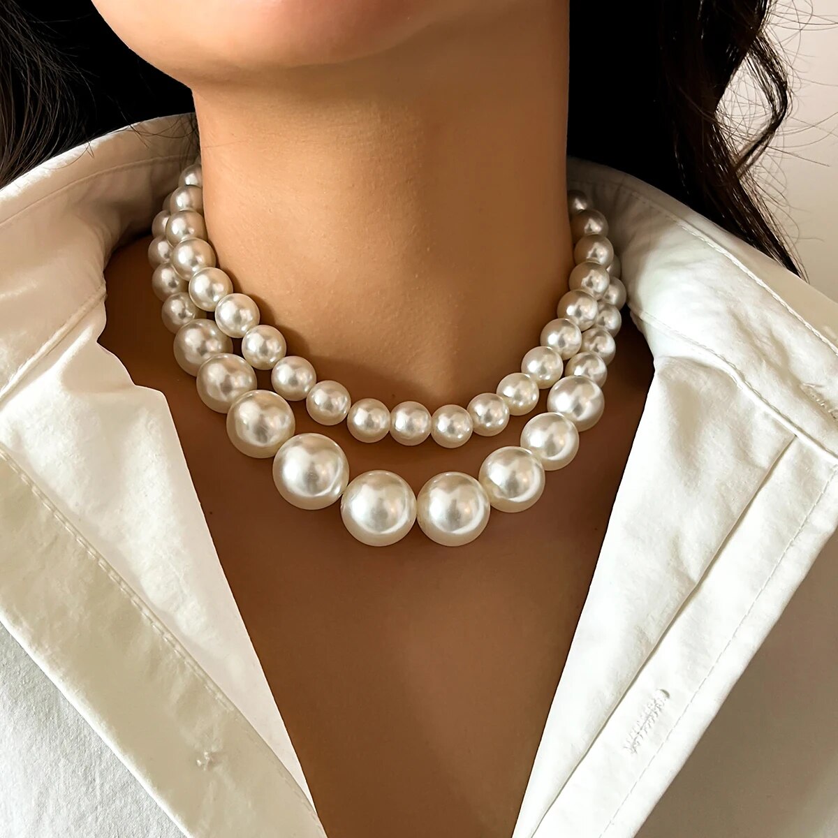 2Pcs/Set Exaggerated Big Imita - Pearl Choker Necklace Vintage recension och pris