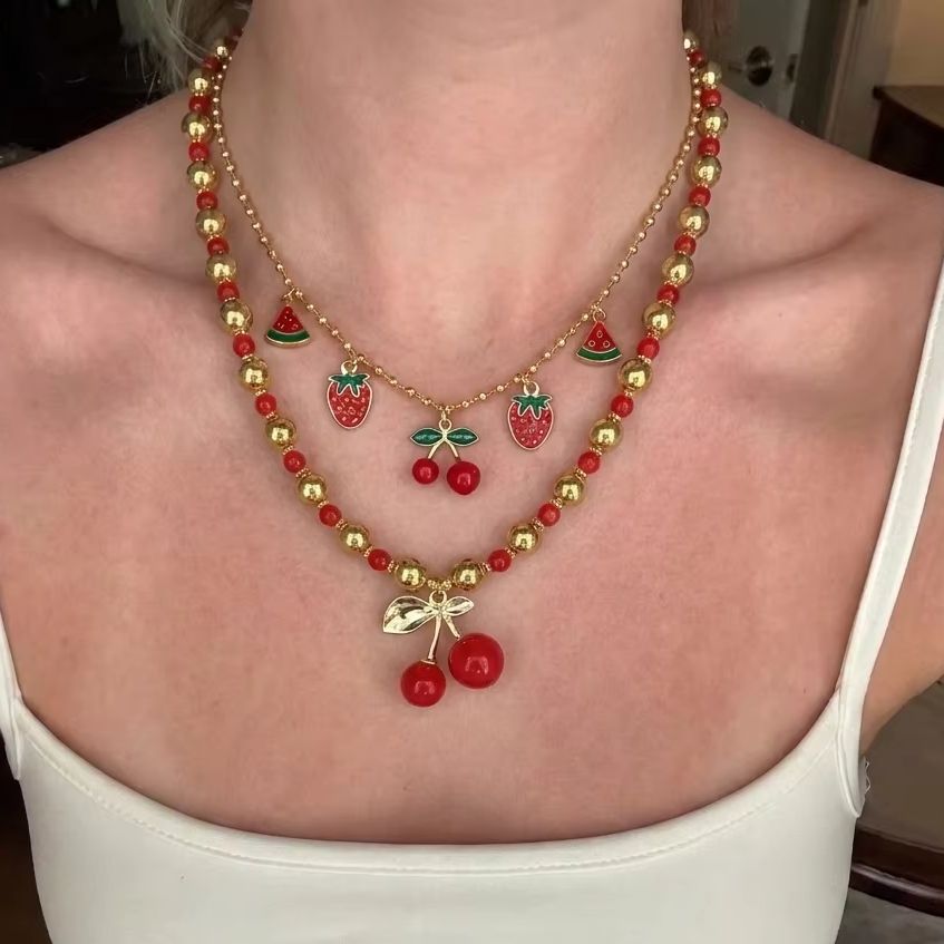 Sweet Red Cherry Strawberry He - Layered Pendant Necklace Aesthetic recension och pris