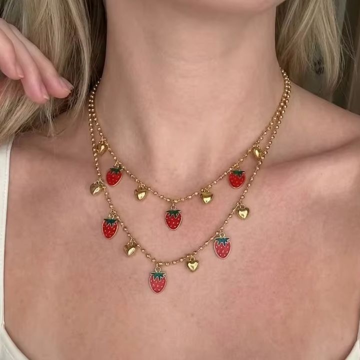Sweet Red Cherry Strawberry He - Layered Pendant Necklace Aesthetic recension och pris
